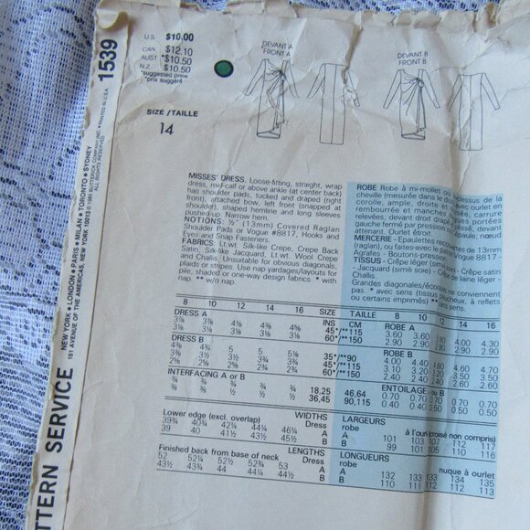 Lot of 2 Vogue Patterns, Chloe & Bellville Sassoon , Dresses,sz. 14, Vintage, - Picture 4 of 4